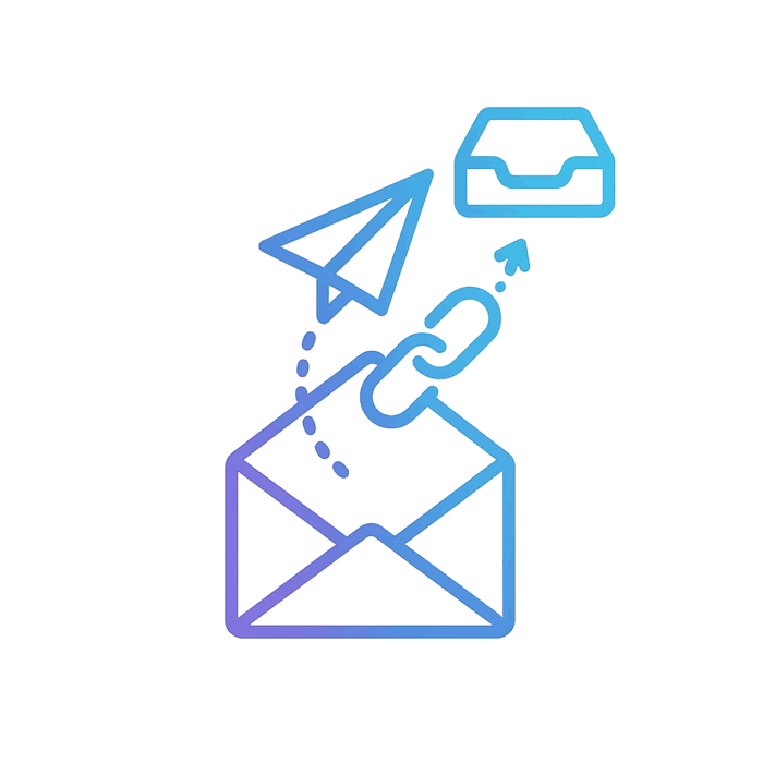 An envelope releasing an invitation link toward an inbox